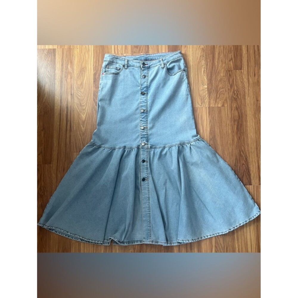 Peace Love World Boheme Denim Button-Front Maxi Skirt Flounce Hem Boho 12P